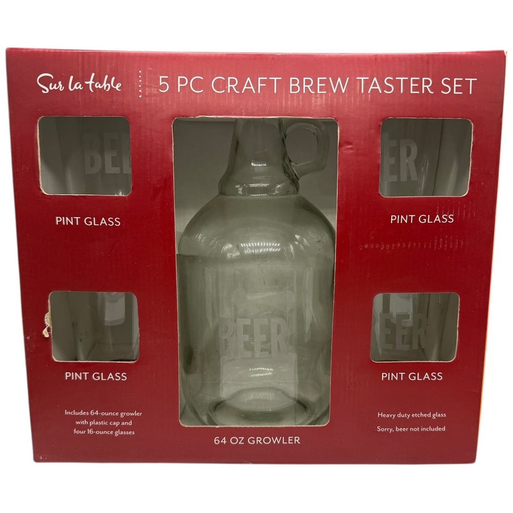 Sur La Table Craft Brew Taster Set 5pc 64oz Growler 4 Pint Glasses Etched Tested
